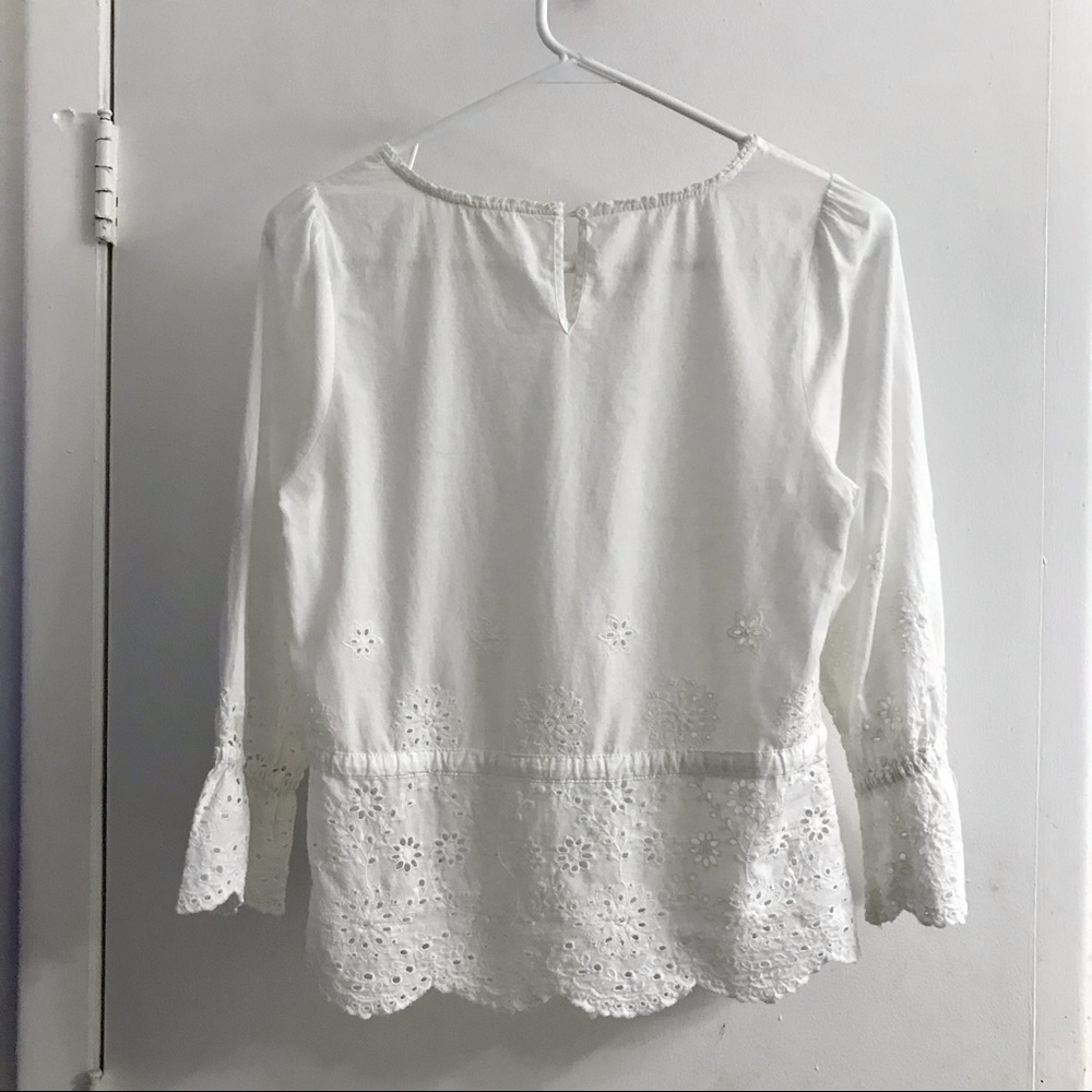 Eyelet Scalloped Sleeve Drawstring Waist Keyhole Back Popover Top Blouse S - Picture 4 of 10